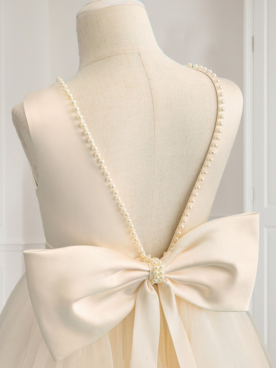 Ball-Gown Scoop Floor-Length Sleeveless Flower Girl Dresses With Beading & Bow