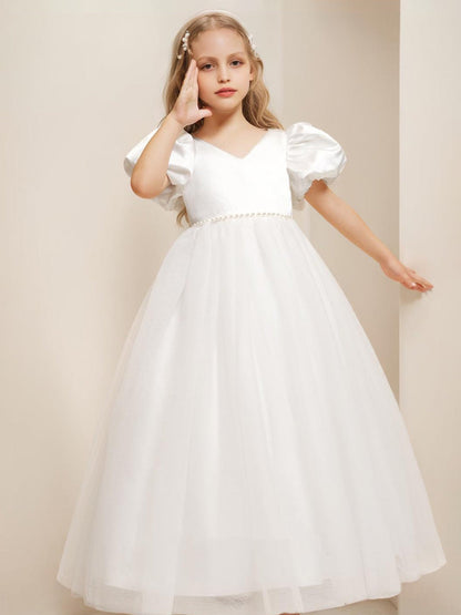 Ball-Gown/Princess V-Neck Floor-Length Short Puff Sleeves Flower Girl Dresses With Beading