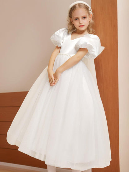 Ball-Gown/Princess V-Neck Floor-Length Short Puff Sleeves Flower Girl Dresses With Beading