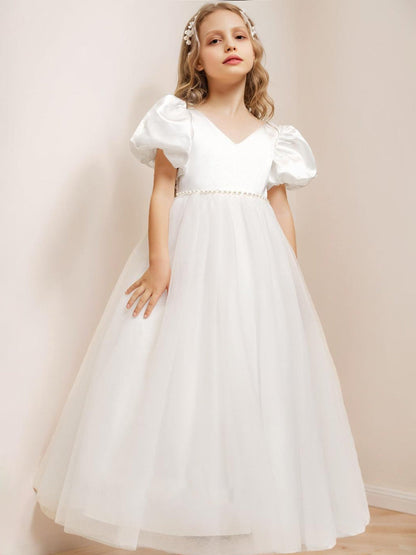 Ball-Gown/Princess V-Neck Floor-Length Short Puff Sleeves Flower Girl Dresses With Beading