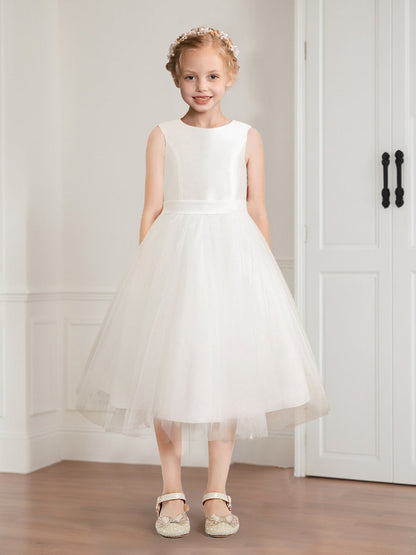 Tulle A-Line/Princess Scoop Tea-Length Sleeveless Flower Girl Dresses With Sash
