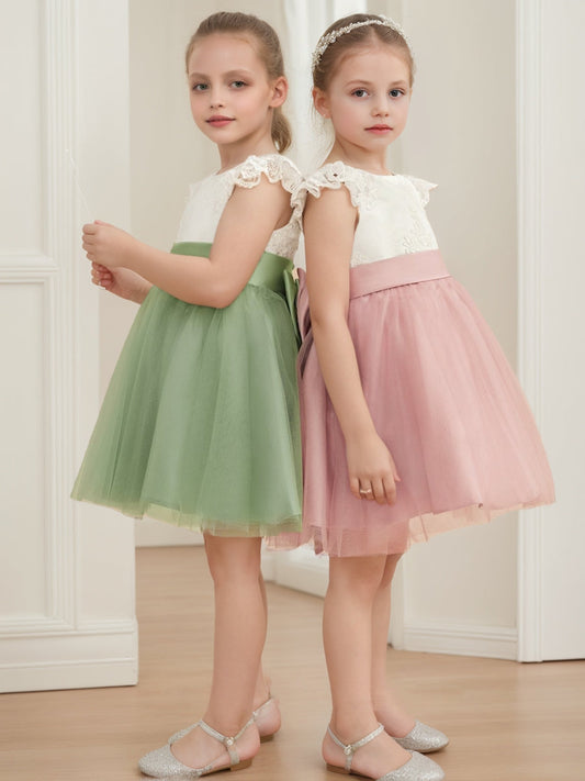 A-Line/Princess Scoop Knee-Length Short Sleeves Flower Girl Dresses With Bowknot