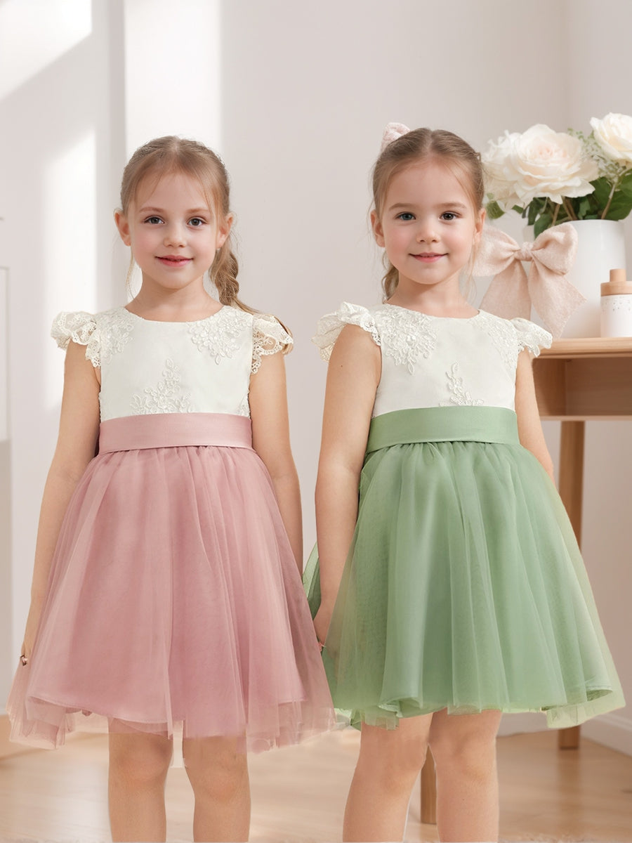 A-Line/Princess Scoop Knee-Length Short Sleeves Flower Girl Dresses With Bowknot