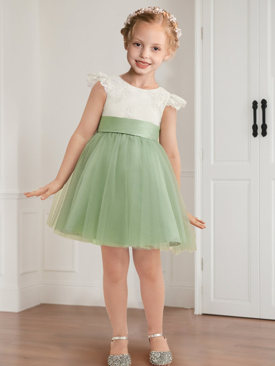 A-Line/Princess Scoop Knee-Length Short Sleeves Flower Girl Dresses With Bowknot