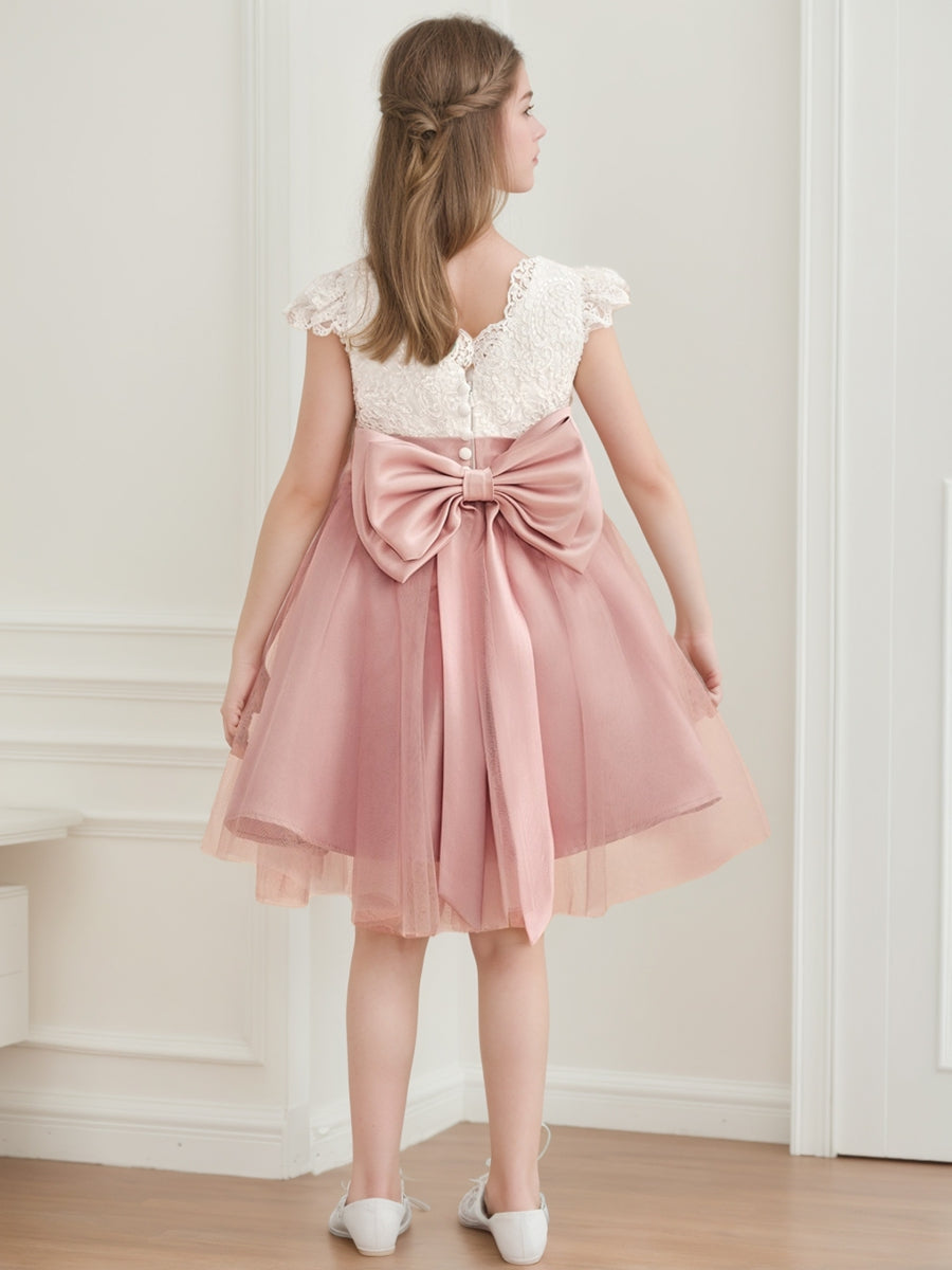 A-Line/Princess Scoop Knee-Length Short Sleeves Flower Girl Dresses With Bowknot