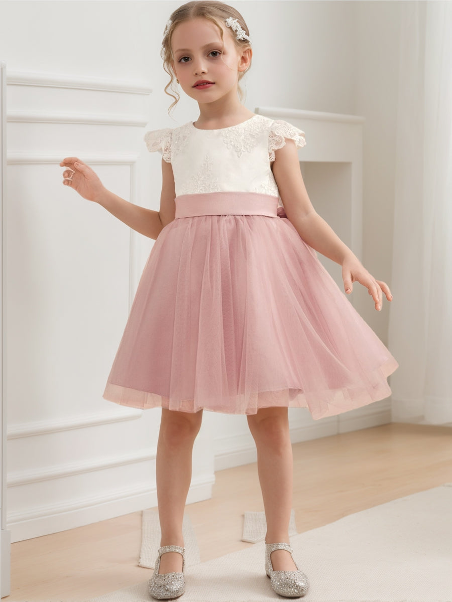 A-Line/Princess Scoop Knee-Length Short Sleeves Flower Girl Dresses With Bowknot
