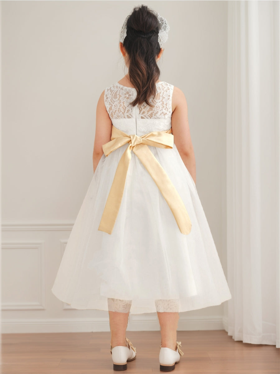 A-Line/Princess Scoop Tea-Length Sleeveless Tulle  Flower Girl Dresses With Sash