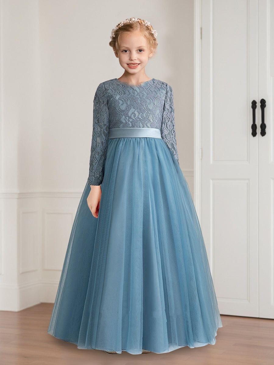 Ball-Gown Scoop Floor-Length Long Sleeves Flower Girl Dresses With Bow