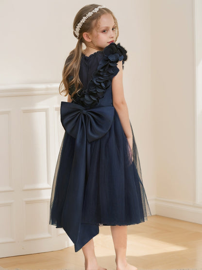 A-Line/Princess V-Neck Tea-Length Sleeveless 3D Floral Flower Girl Dresses With Bow