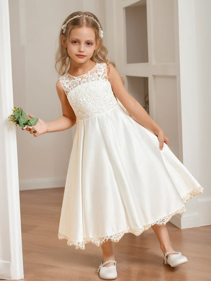 Satin A-Line/Princess Scoop Tea-Length Flower Girl Dresses With Bow & Lace