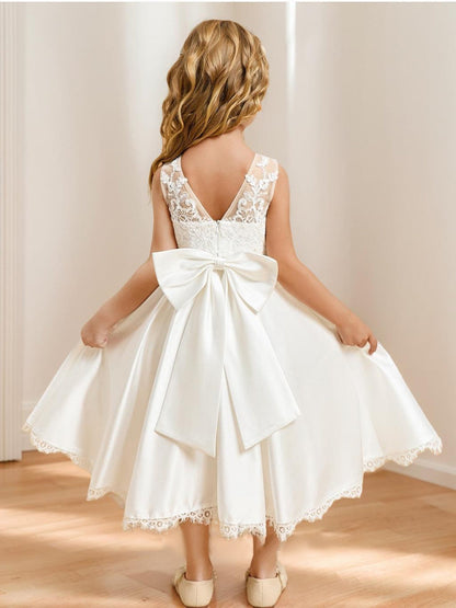 Satin A-Line/Princess Scoop Tea-Length Flower Girl Dresses With Bow & Lace