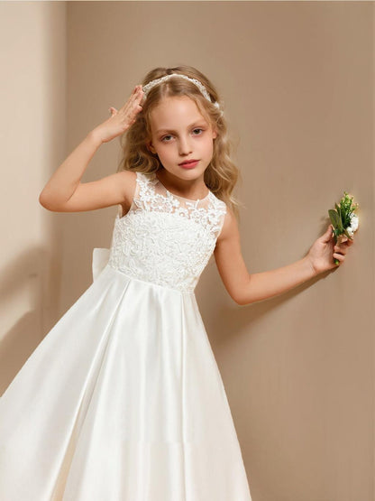 Satin A-Line/Princess Scoop Tea-Length Flower Girl Dresses With Bow & Lace