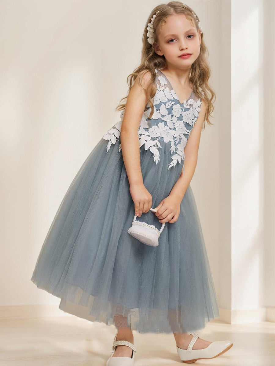 A-Line/Princess V-Neck Sleeveless Tea-Length Flower Girl Dresses With Applique & Bow