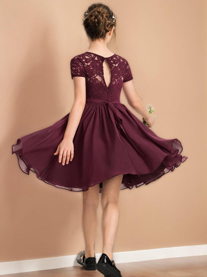 A-Line/Princess Scoop Short Sleeves Knee-Length Ruched Junior Bridesmaid Dresses