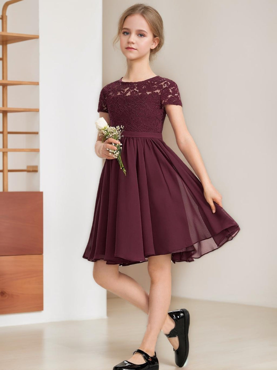 A-Line/Princess Scoop Short Sleeves Knee-Length Ruched Junior Bridesmaid Dresses