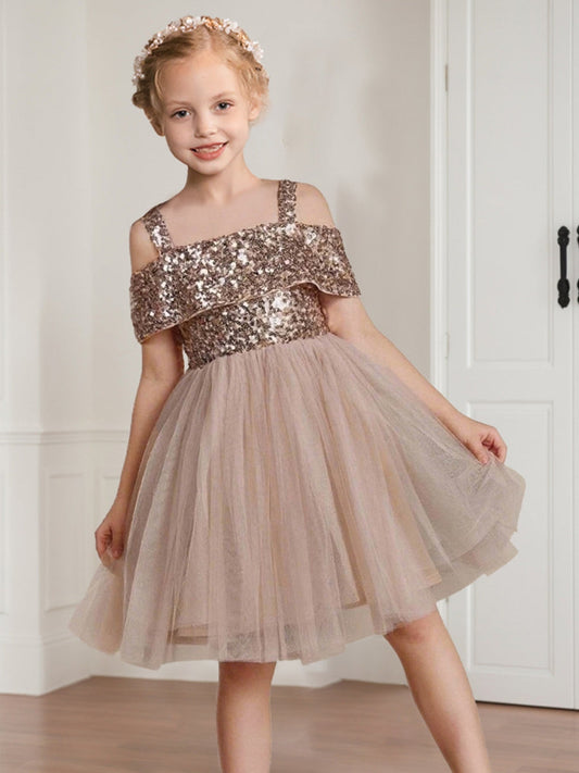 Tulle A-Line/Princess Square Neck Sleeveless Knee-Length Flower Girl Dresses With Sequins