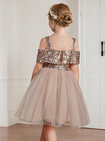 Tulle A-Line/Princess Square Neck Sleeveless Knee-Length Flower Girl Dresses With Sequins