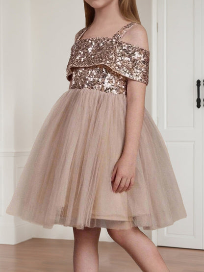 Tulle A-Line/Princess Square Neck Sleeveless Knee-Length Flower Girl Dresses With Sequins
