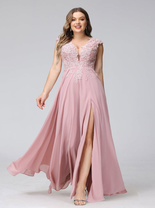 A-Line V-Neck Sleeveless Chiffon Long Plus Size Bridesmaid Dresses With Applique Split Side