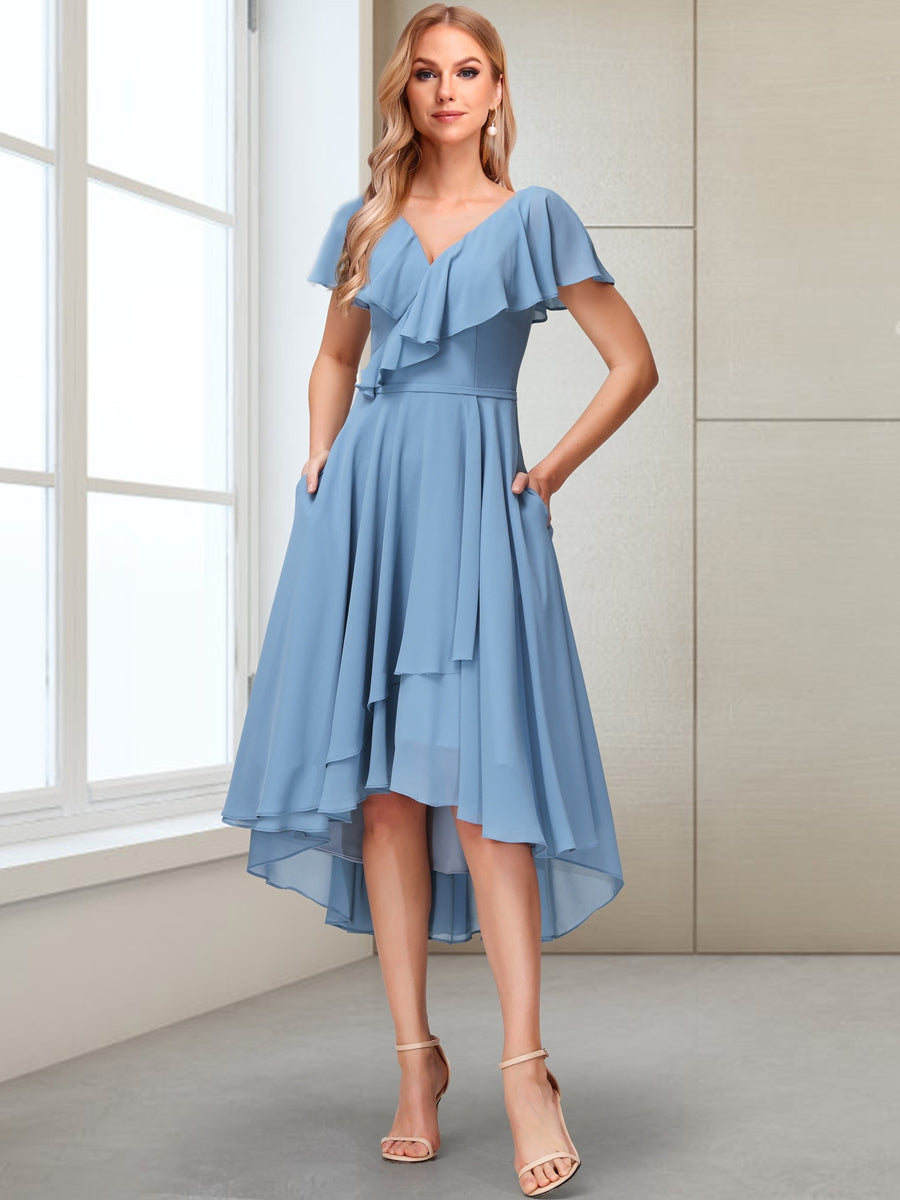 A-Line V-Neck Short Sleeves Asymmetrical ChiffonMother of the Bride Dresses With Pockets