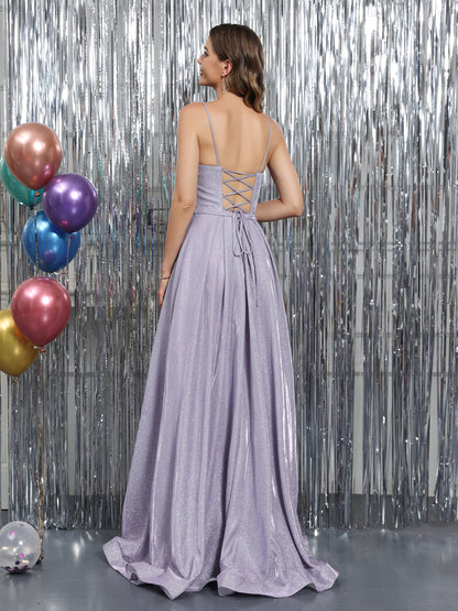 A-Line Spaghetti Straps V-Neck Sleeveless Metallic Lurex Long Formal Dresses