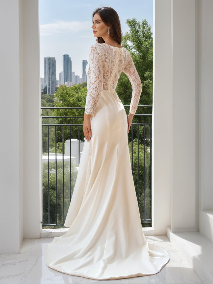 A-Line/Princess Scoop Long Sleeves Wedding Dresses with Lace