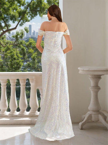 Sheath/Column Off-the-Shoulder Sparkling Wedding Dresses with High Split