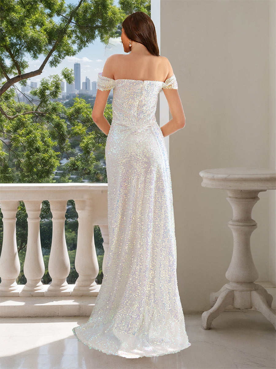 Sheath/Column Off-the-Shoulder Sparkling Wedding Dresses with High Split