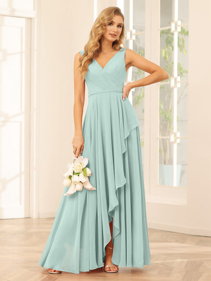 A-Line/Princess V-Neck Asymmetrical Bridesmaid Dresses with Ruffles