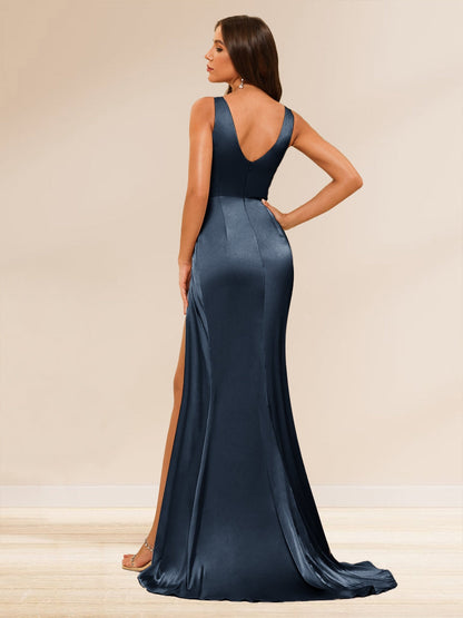 Sheath/Column V-Neck Long Formal Dresses with Split Side & Ruched