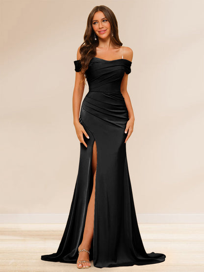 Sheath/Column Off-the-Shoulder Long Evening Dresses with Split Side & Ruched