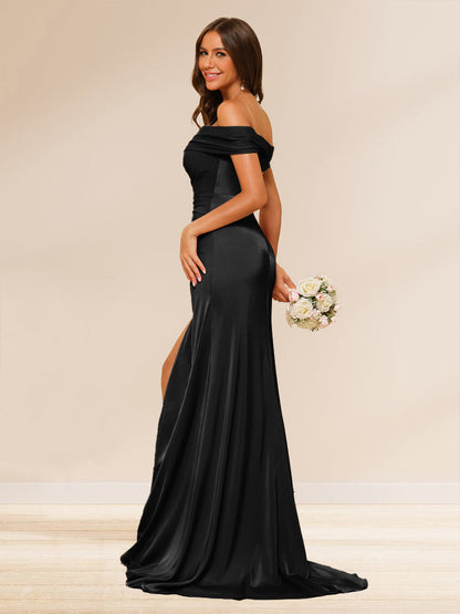 Sheath/Column Off-the-Shoulder Long Evening Dresses with Split Side & Ruched