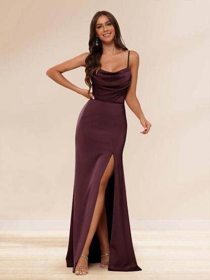 Sheath/Column Spaghetti Straps Long Formal Dresses with Split Side & Ruched