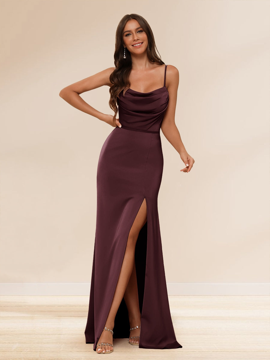 Sheath/Column Spaghetti Straps Long Formal Dresses with Split Side & Ruched