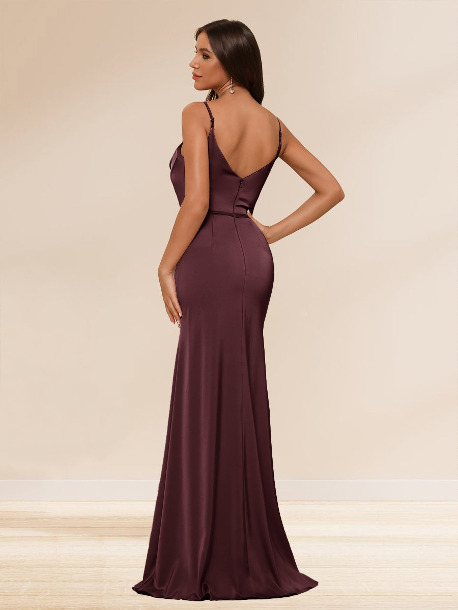 Sheath/Column Spaghetti Straps Long Formal Dresses with Split Side & Ruched