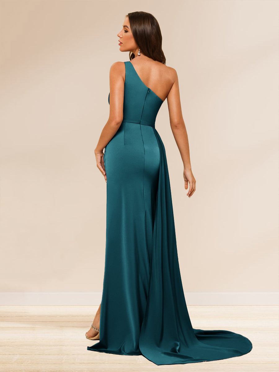 Sheath/Column One-Shoulder Long Evening Dresses with Split Side & Ruched