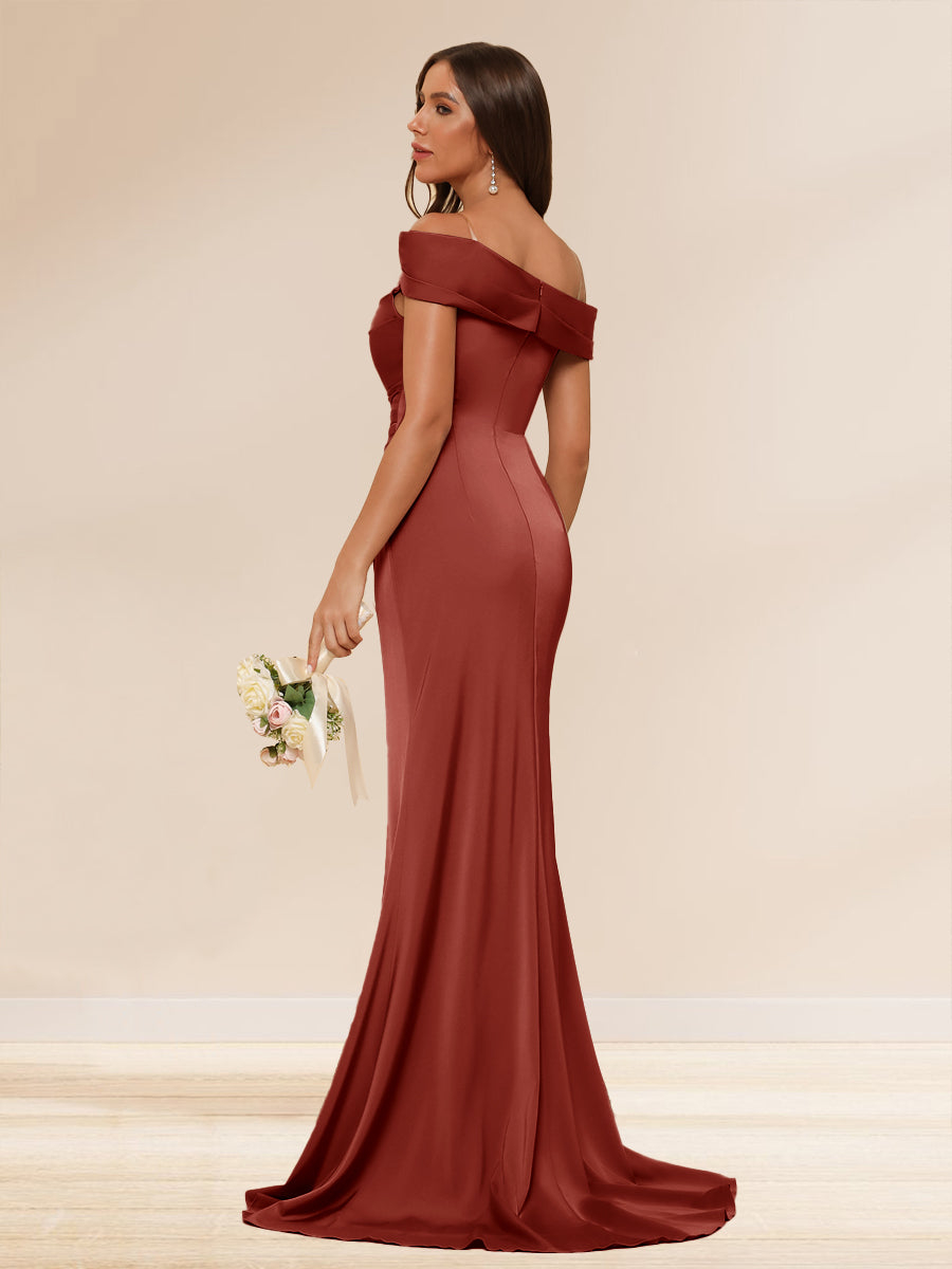 Sheath/Column Off-the-Shoulder Long Evening Dresses with Split Side & Ruched