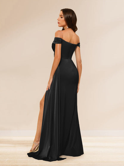 Sheath/Column Off-the-Shoulder Long Evening Dresses with Split Side & Ruched