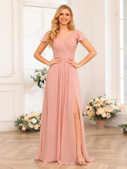 A-Line/Princess V-Neck Long Wedding Party Dresses with Split Side & Pockets