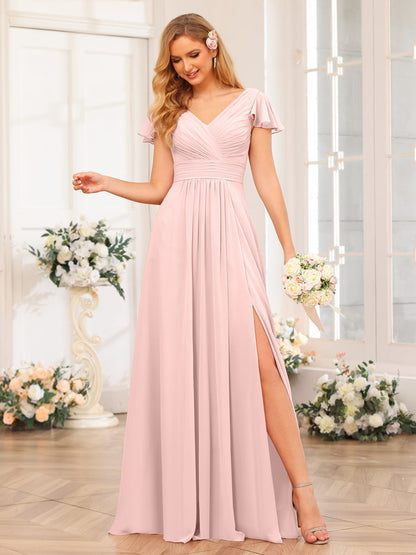A-Line/Princess V-Neck Long Wedding Party Dresses with Split Side & Pockets