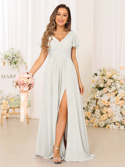 A-Line/Princess V-Neck Short Sleeves Long Bridesmaid Dresses with Split Side