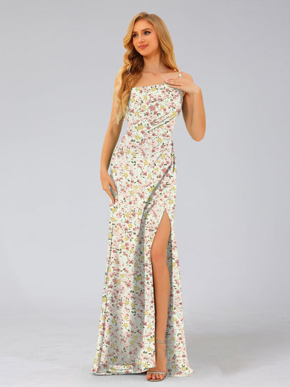 Sheath/Column One-Shoulder Sleeveless Split Side Floral Bridesmaid Dresses