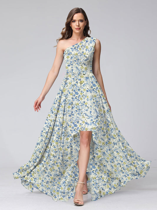 A-Line/Princess One-Shoulder Sleeveless Ruched Floral Bridesmaid Dresses