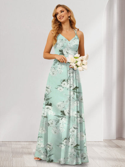 A-Line/Princess V-Neck Long Floral Bridesmaid Dresses with Ruched