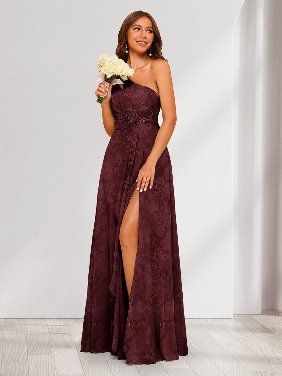 A-Line/Princess One-Shoulder Long Floral Bridesmaid Dresses with Split Side