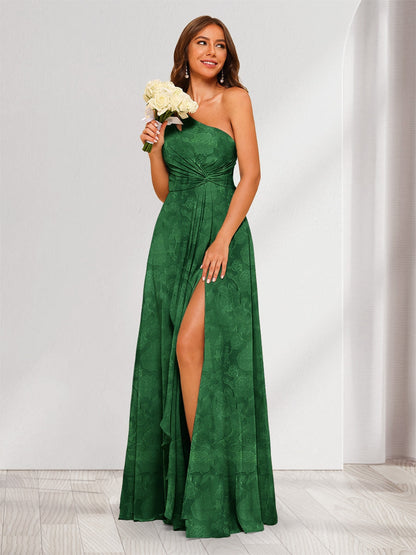 A-Line/Princess One-Shoulder Long Floral Bridesmaid Dresses with Split Side
