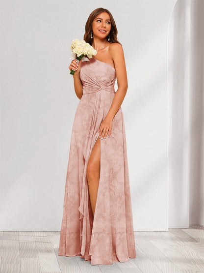 A-Line/Princess One-Shoulder Long Floral Bridesmaid Dresses with Split Side