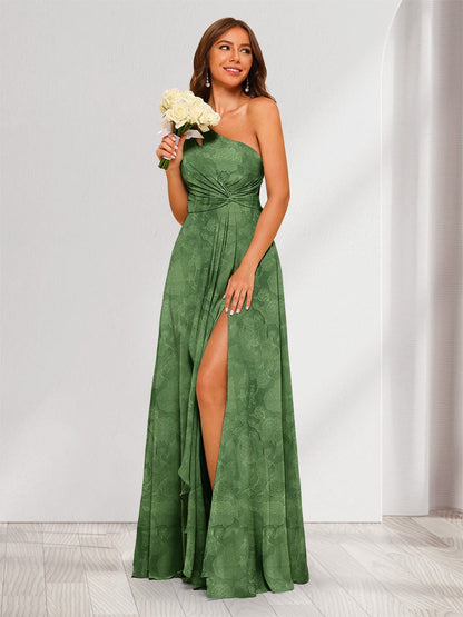 A-Line/Princess One-Shoulder Long Floral Bridesmaid Dresses with Split Side