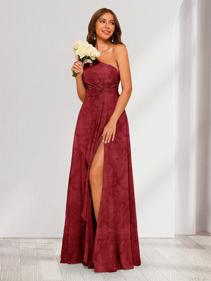 A-Line/Princess One-Shoulder Long Floral Bridesmaid Dresses with Split Side