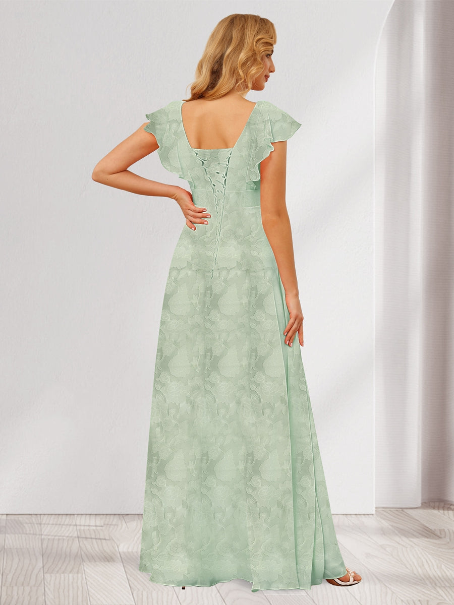A-Line/Princess V-Neck Long Floral Bridesmaid Dresses with Ruffles